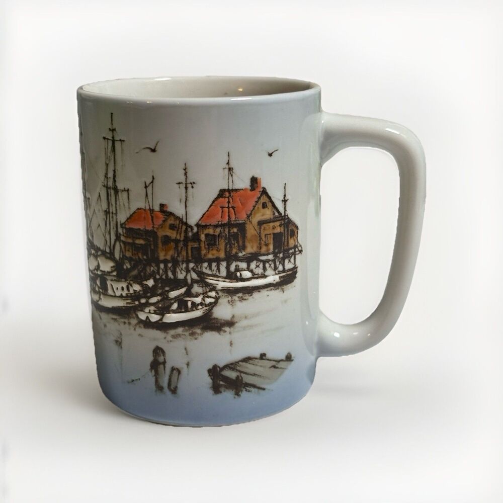 Vtg Otagiri Coffee Mug Fishing Village Boats Seagulls Dock Ocean Lighthouse
